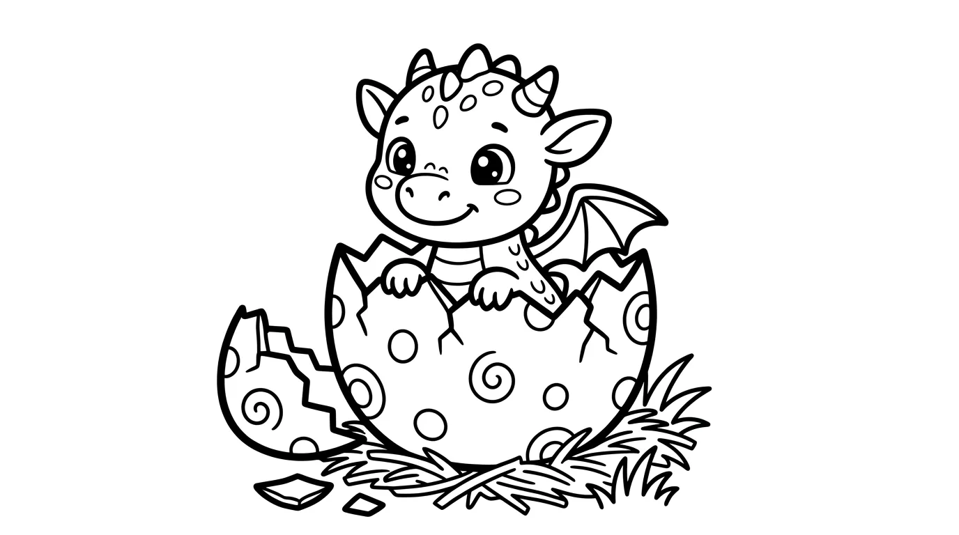 Baby Drache schlüpft als kostenloses Ausmalbild für Kinder
