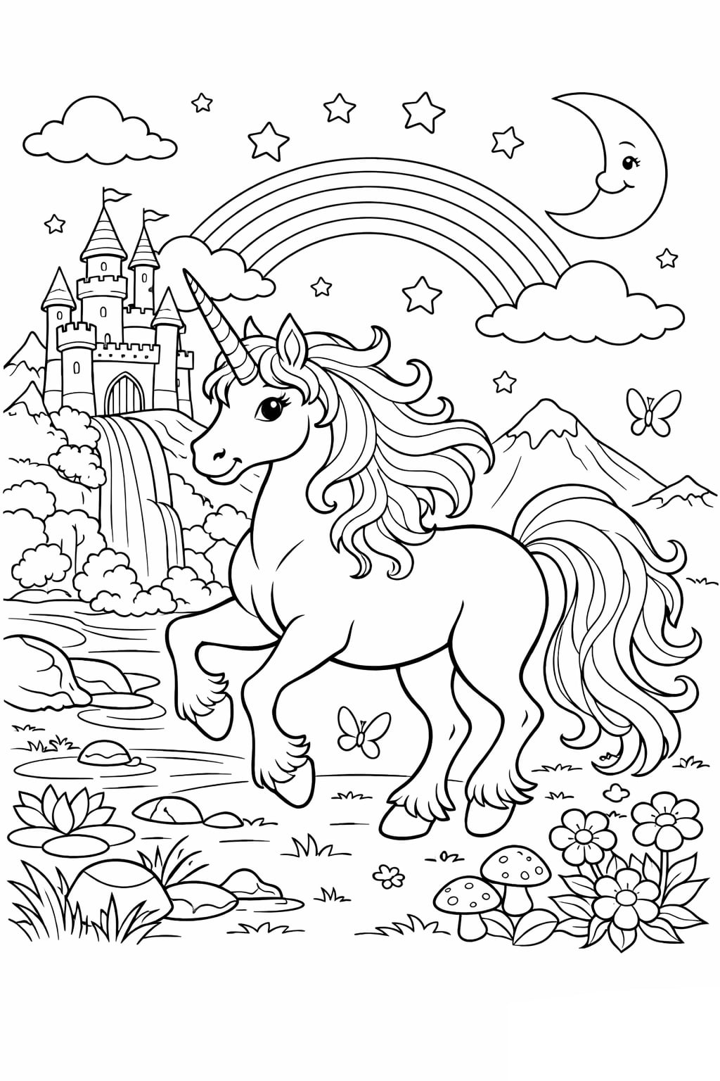 Einhorn mit Regenbogen als kostenloses Ausmalbild für Kinder