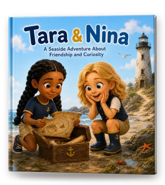 Personalized children's book as an 8 × 8 inch hardcover: “Tara & Nina”, a seaside adventure about friendship and curiosity