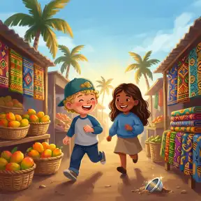 Illustration from a personalized children's book: two children run laughing through a sunny market with palm trees