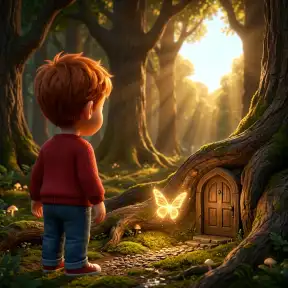 Illustration from a personalized children's book: a boy finds a door in a tree and a glowing butterfly in the forest