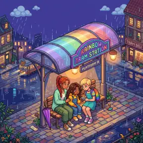 Illustration from a personalized children's book: three friends wait in the rain at a rainbow tram stop