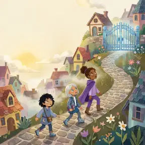 Illustration from a personalized children's book: three children walk through a village towards a glowing gate