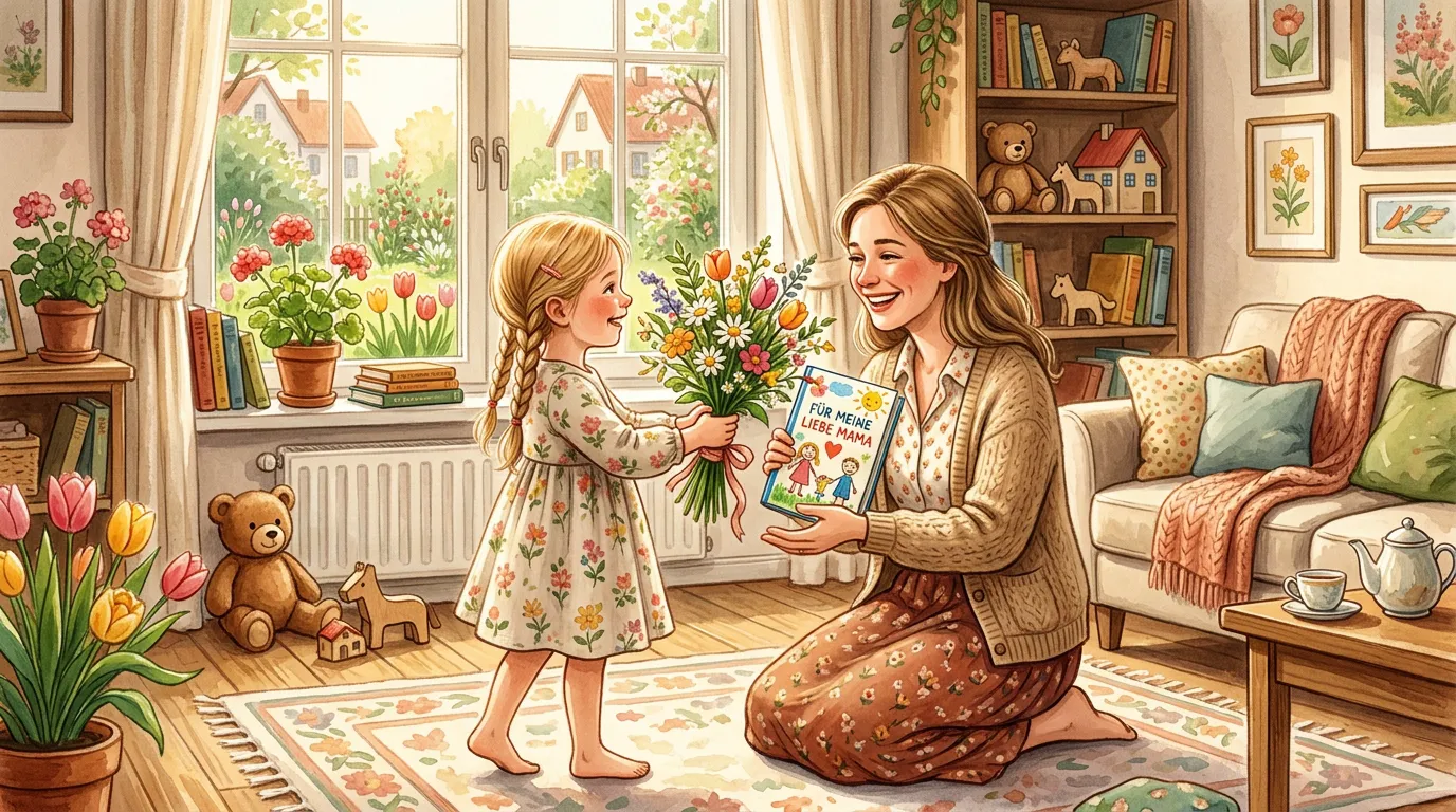 Kind überreicht seiner Mutter Blumen und ein personalisiertes Buch im warmen Frühlingslicht.